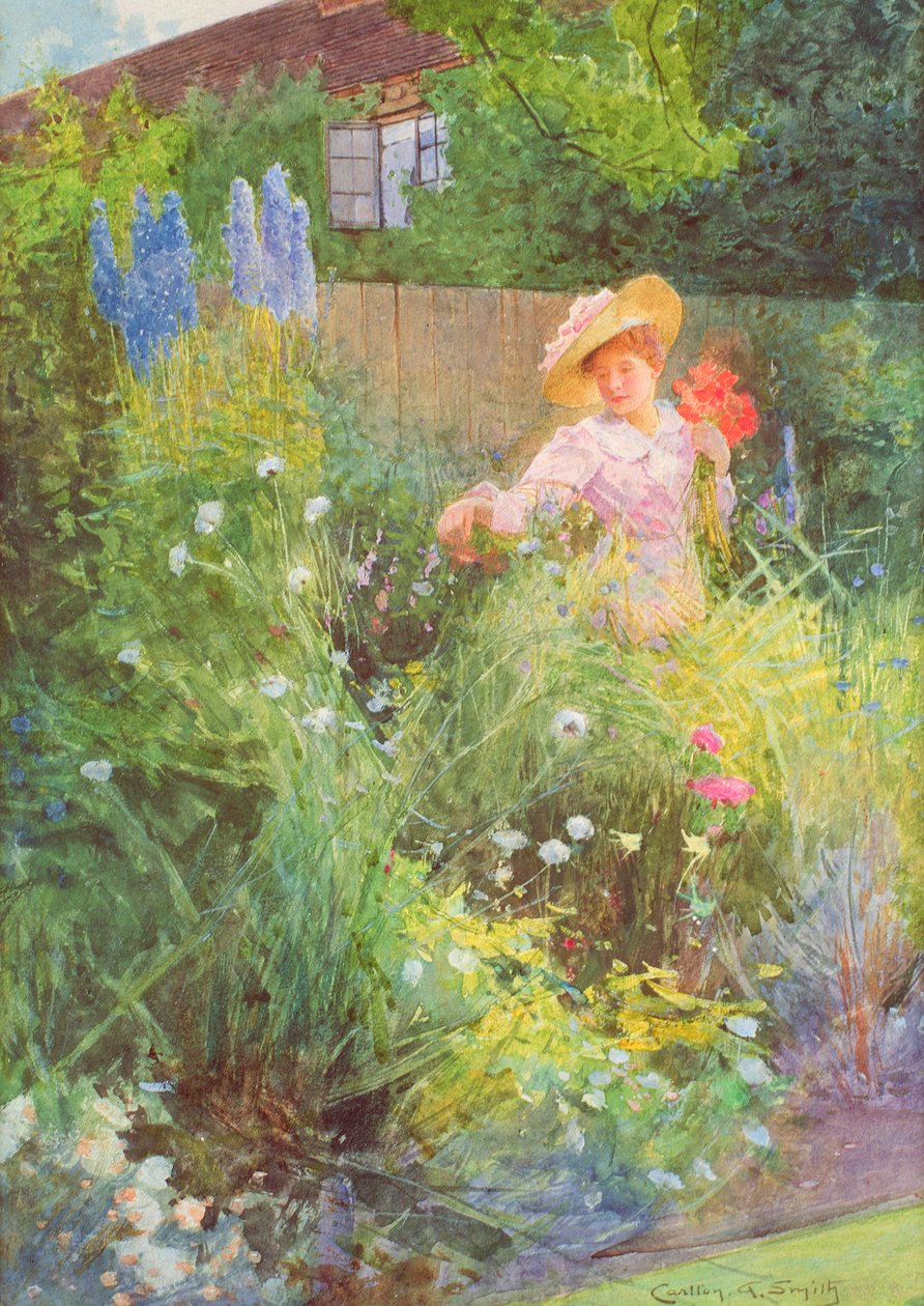Lady Picking Flowers in a Country Garden by Carlton Alfred Smith