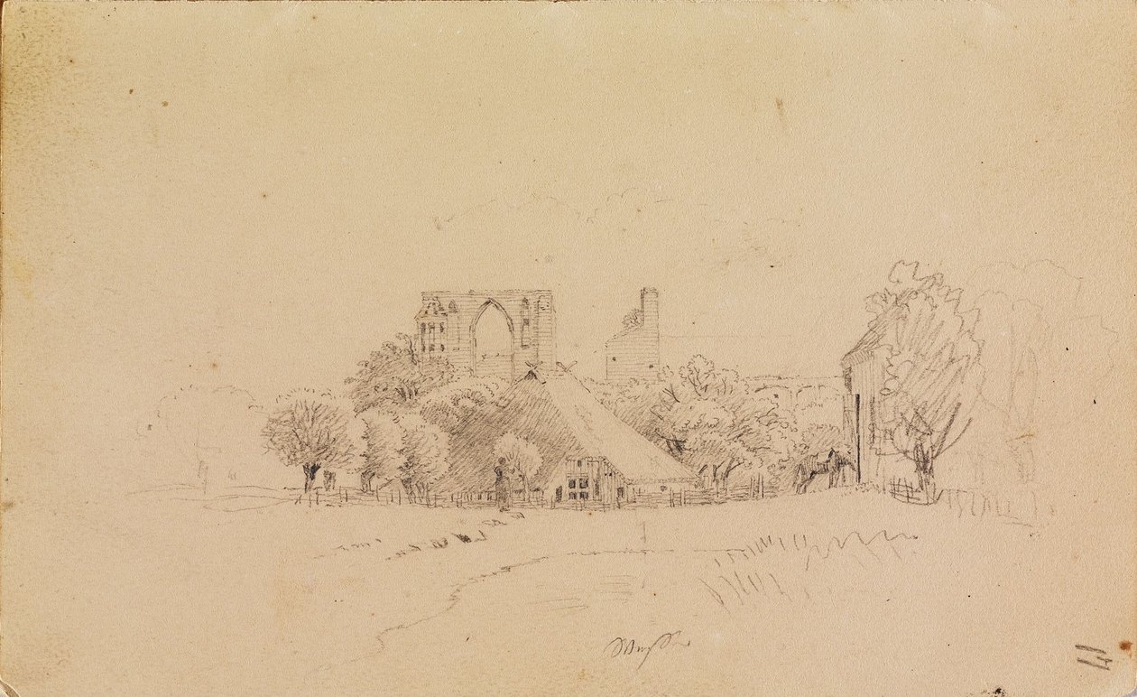 Monastery Ruins Eldena, with House with Thatched Roof and a Small Pond by Caspar David Friedrich