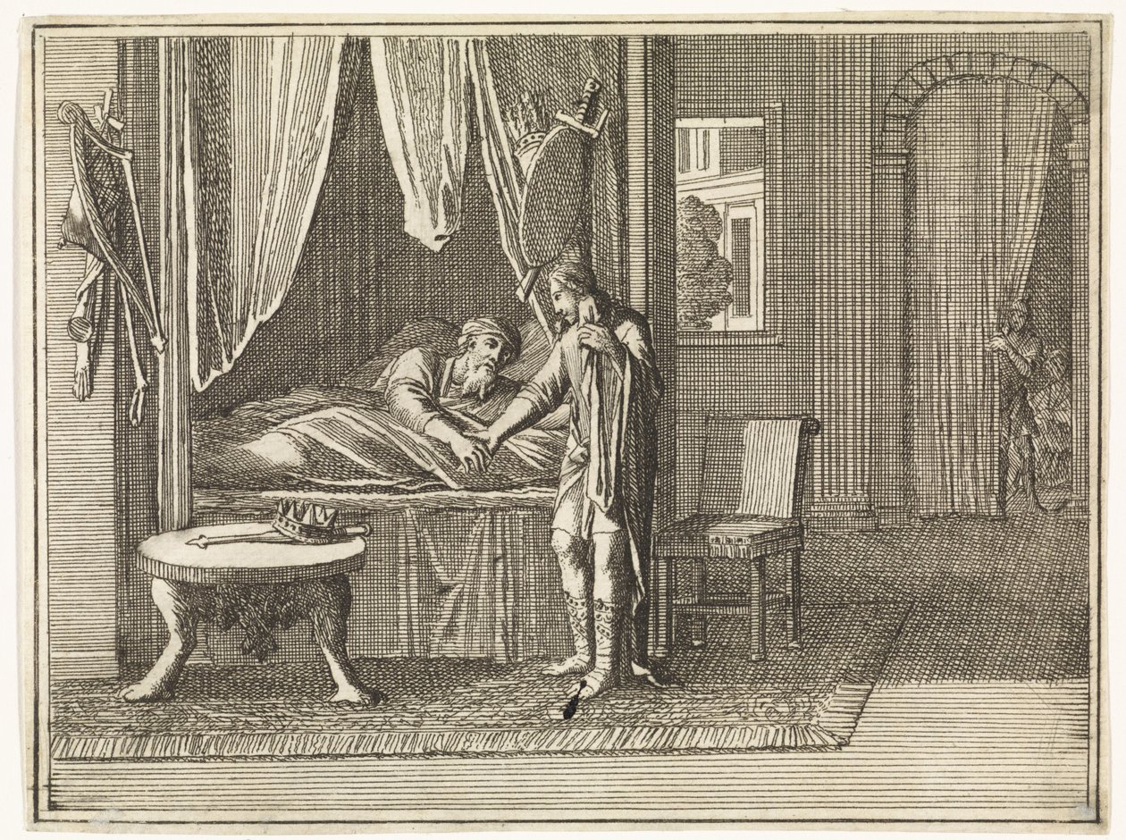 David, on his deathbed, gives his last admonitions to Solomon by Caspar Luyken