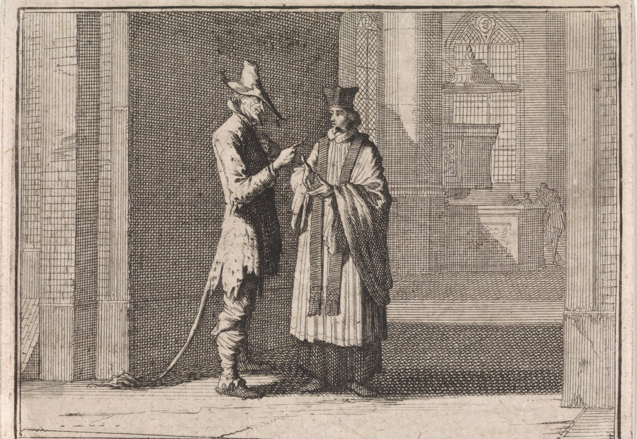 Pastor in Conversation with the Devil at the Entrance of a Church by Caspar Luyken