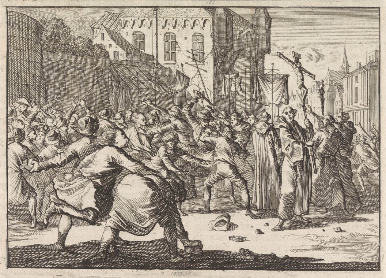 A Procession in Danzig is Greeted with Stones by the People, 1678 by Caspar Luyken