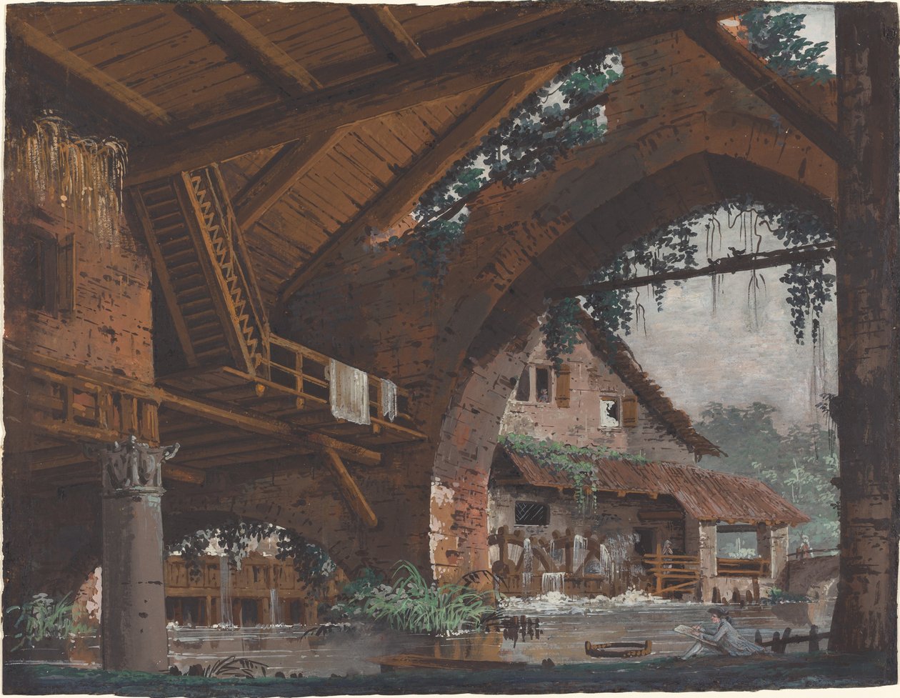 Architectural Fantasy of Antique Ruins with a Watermill by Caspar Wolf