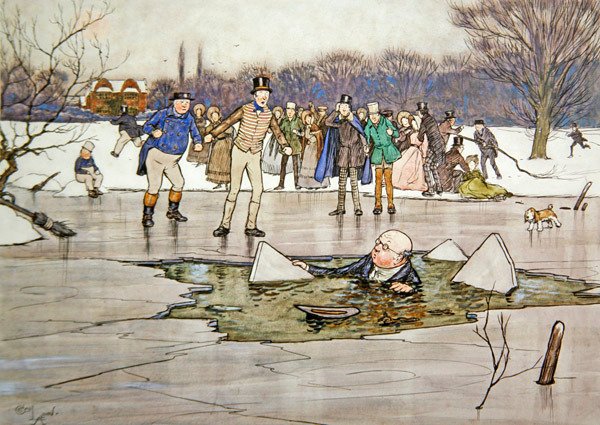 A face, head, shoulders, emerged from beneath the water, and disclosed the features and spectacles of Mr Pickwick by Cecil Charles Windsor Aldin