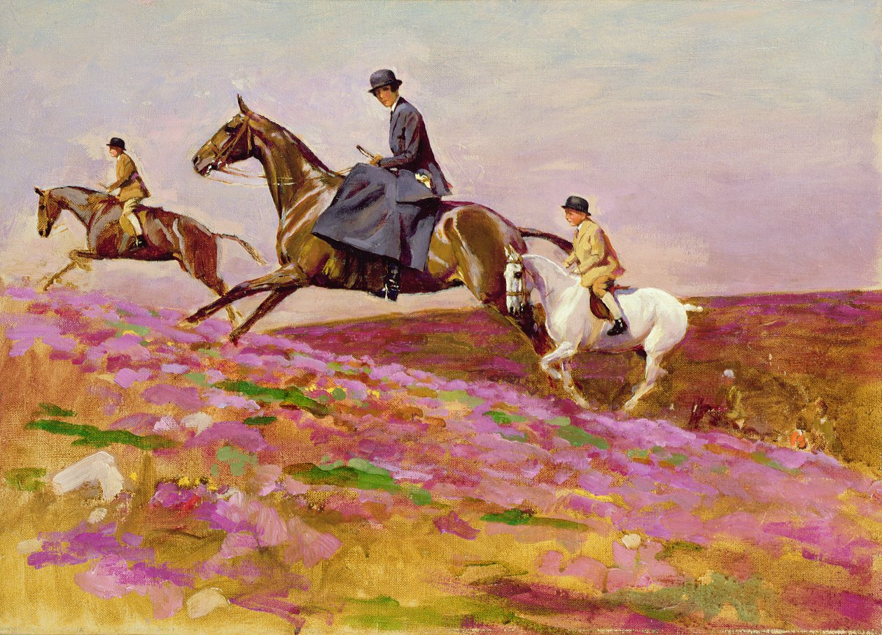 Lady Currie with Her Sons Bill and Hamish Hunting on Exmoor by Cecil Charles Windsor Aldin