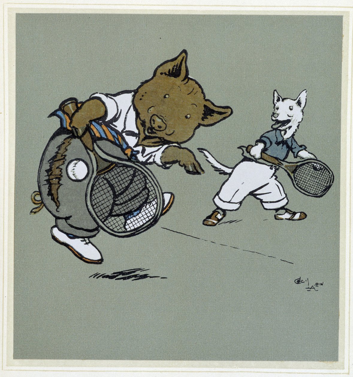 Pig and Fox Playing Tennis - in 