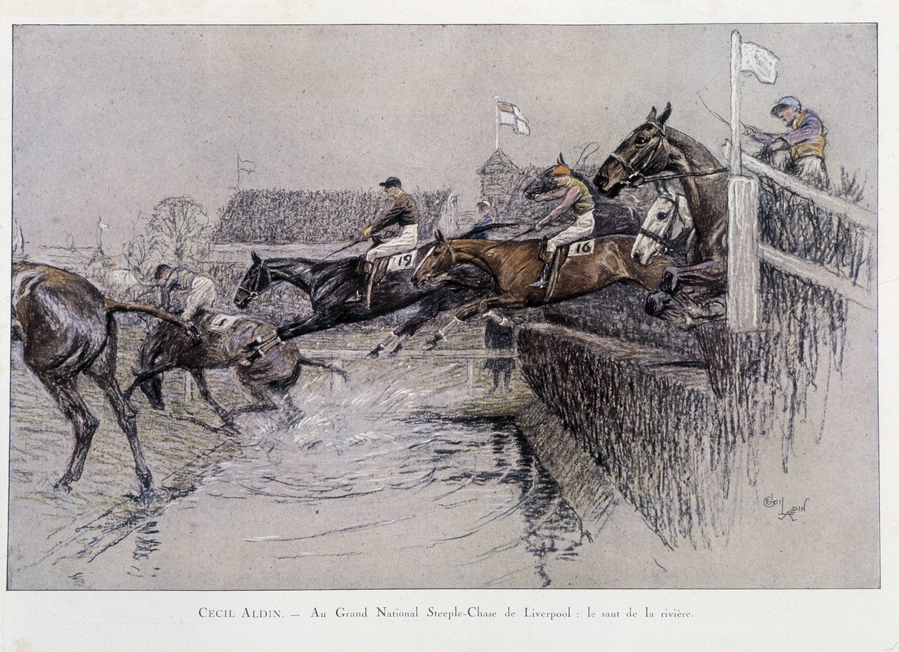 The Grand National Steeple Chase in Liverpool: The Jumping of the River - drawing by Cecil Aldin by Cecil Charles Windsor Aldin