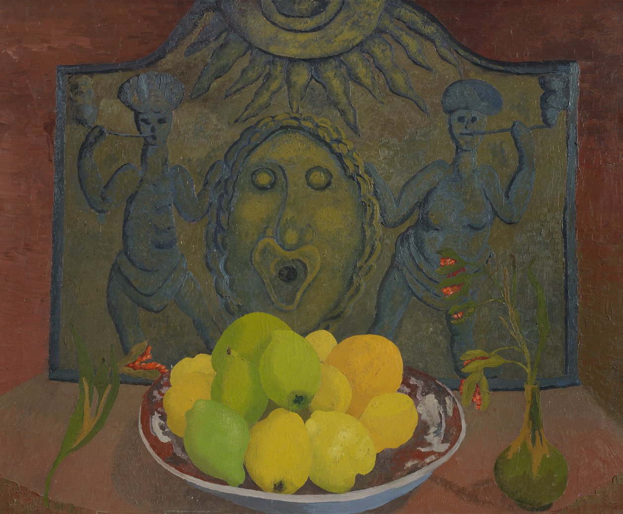 Still life before Sussex fireback by Cedric Morris