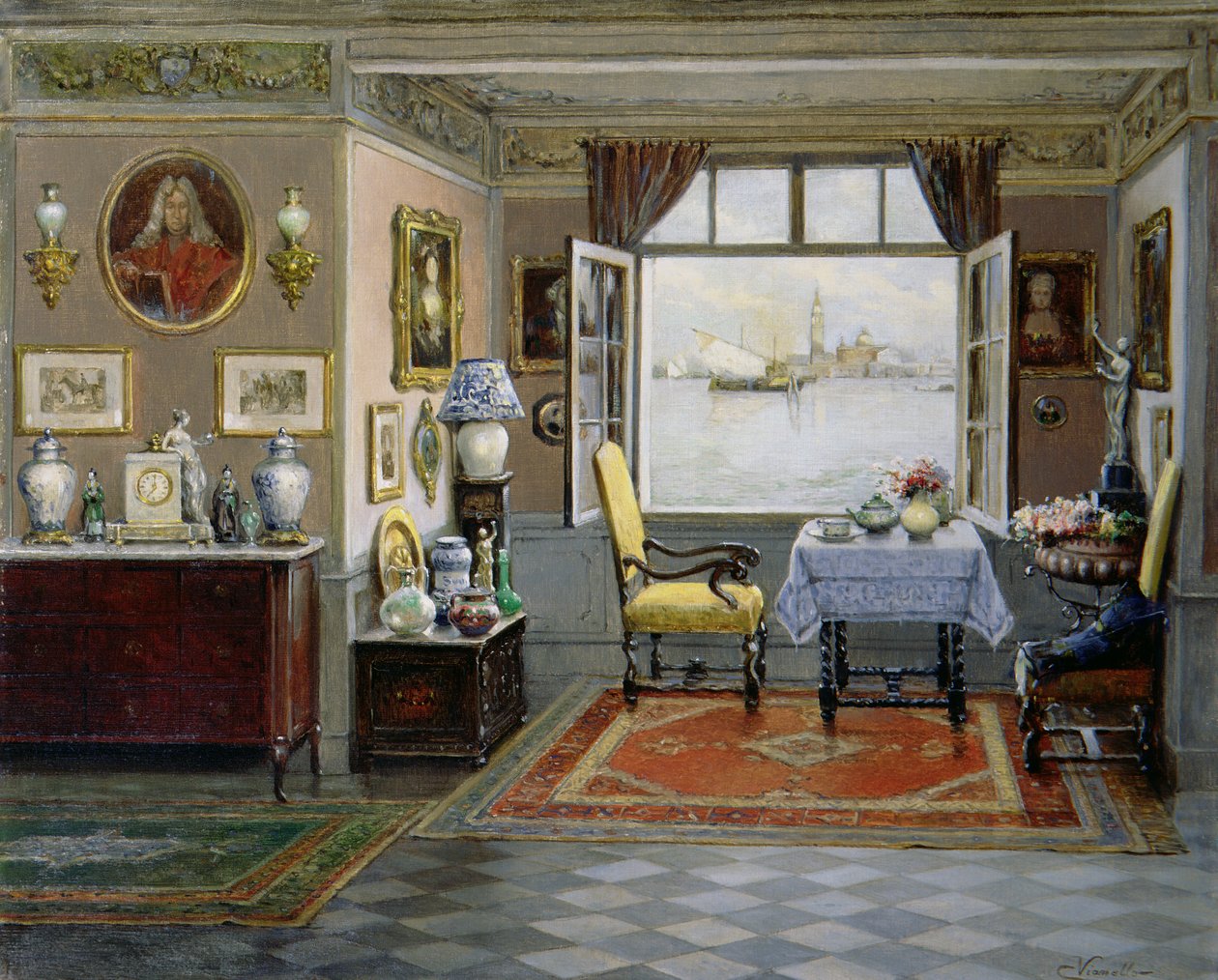 A Venetian home with a view of San Giorgio Maggiore from an open window, c.1900 by Cesare Vianello