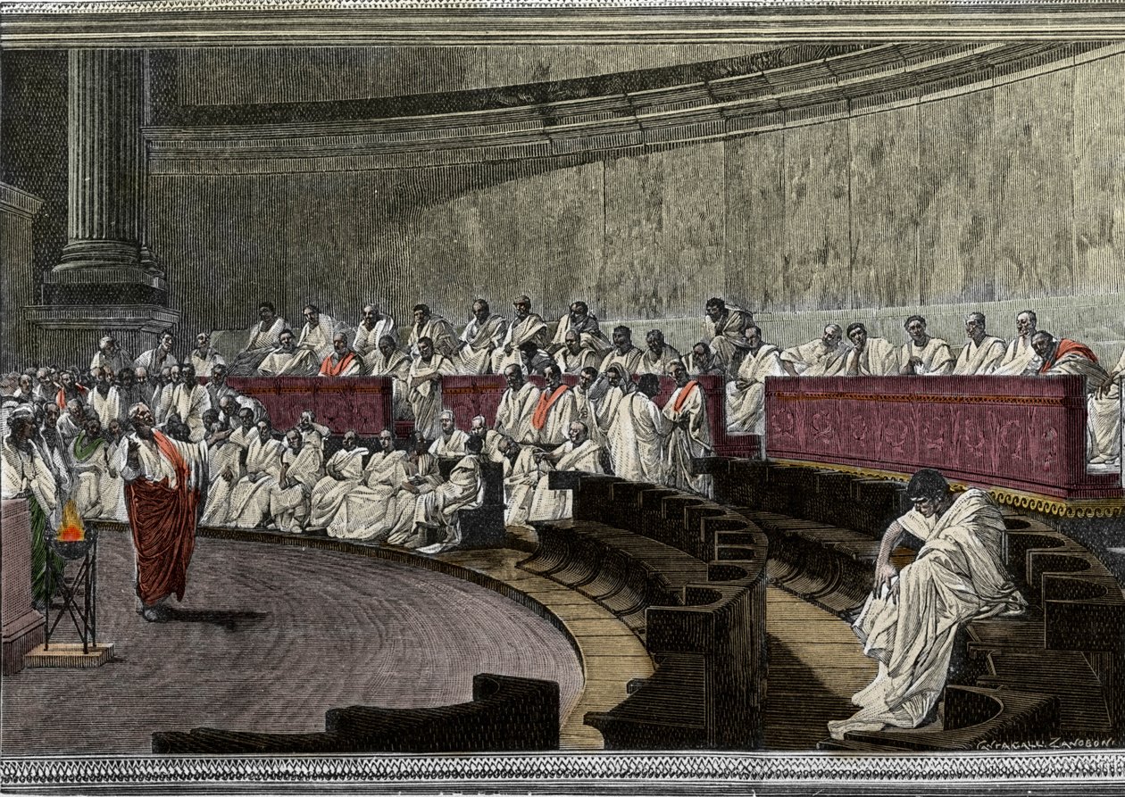 Cicero denounces the conspirator Catilina on 8 November 63 BC, The scene takes place in Rome in the Senate, engraved after the fresco made between 1882 and 1888 by Cesare Maccari. Rome Palazzo Madama by Cesare (after) Maccari