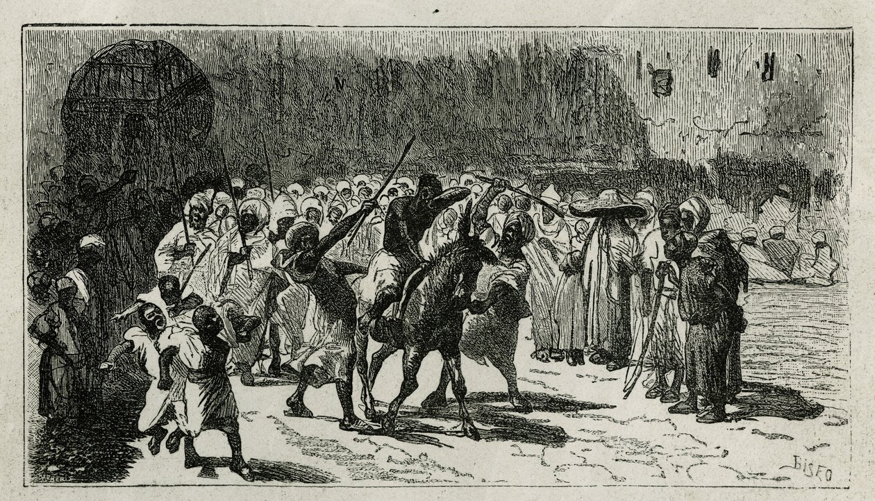 The punishment of a thief, climbs on a mule, he receives batons under the jeers of the crowd, engraving by C.Biseo, to illustrate the story Le Maroc by Edmondo de Amicis, in 1875, published in the tour du monde, under the direction of Edouard Charton by Cesare Biseo