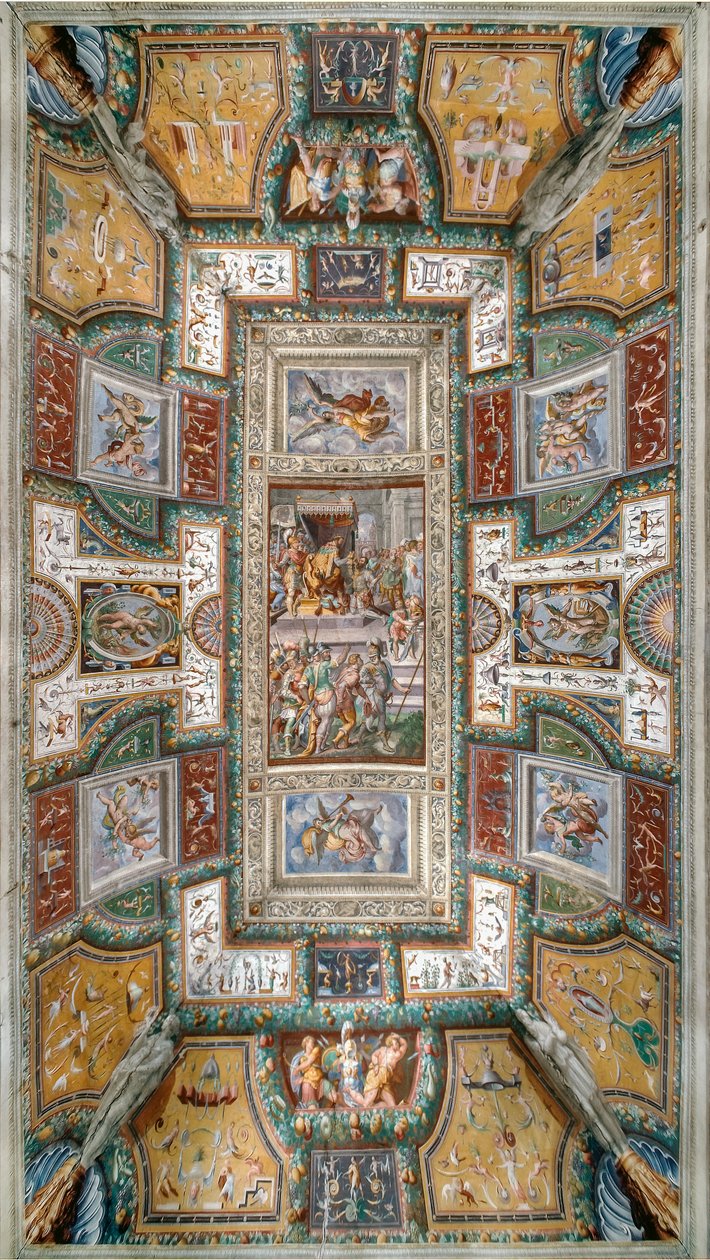 Pier Maria Rossi having the honor of the Order of Saint Michael, View of ceiling of the Sala delle Gesta Rossiane, Rocca dei Rossi, San Secondo, Parma, Italy, c.1570 by Cesare and Jacopo Bertoia and others Baglione