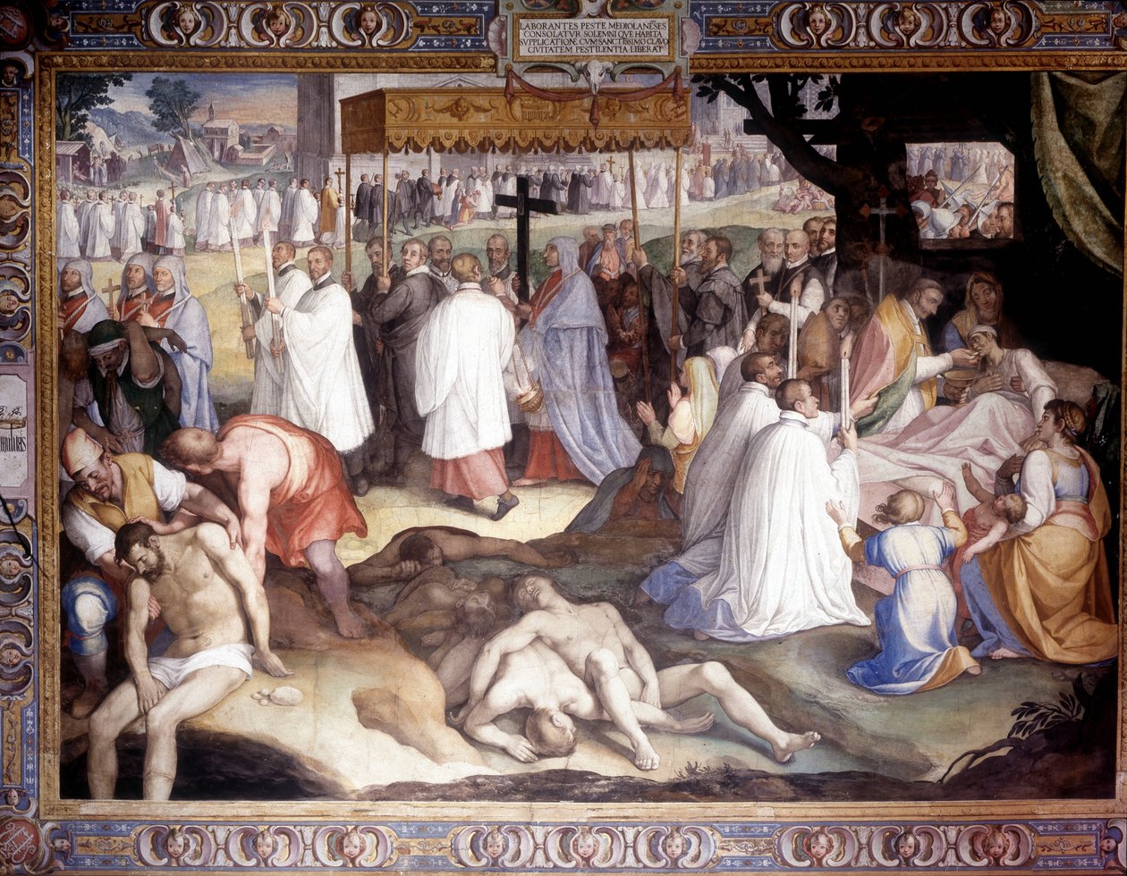 Plague of Milan: Saint Charles Borromeo (1538 - 1584) communates the moribunds. Fresco by Carlo Nebbia at Borromeo College in Pavia. 16th century by Cesare Nebbia