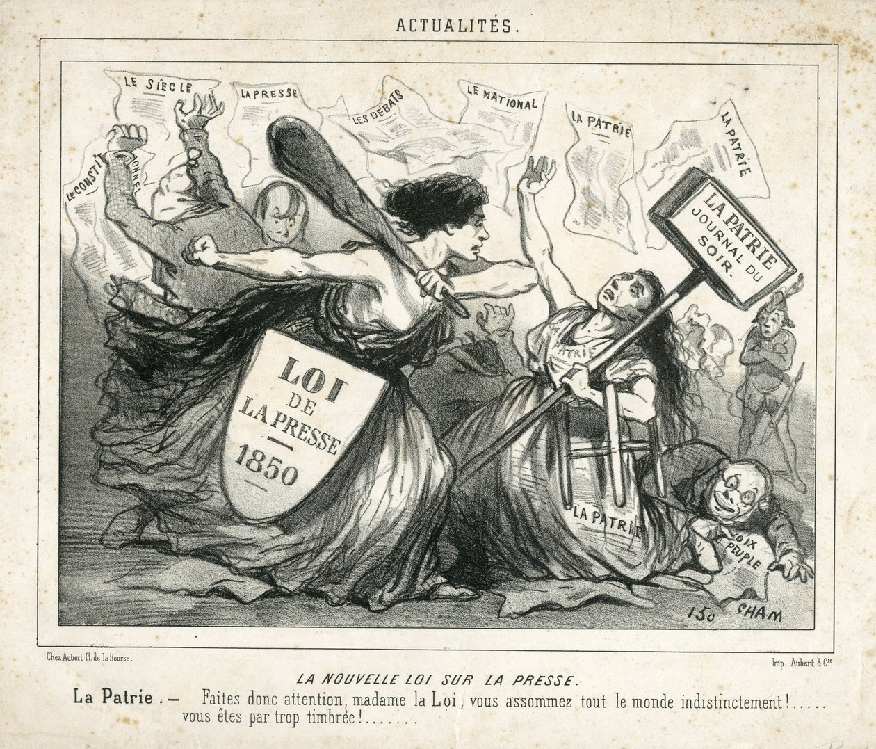 Illustration of Cham in Le Charivari, circa 1850 - The New Law on the Press - Censorship, Press/Media, Law - Proudhon Pierre-Joseph, Girardin Emile de - Allegory by Amédée de Noé