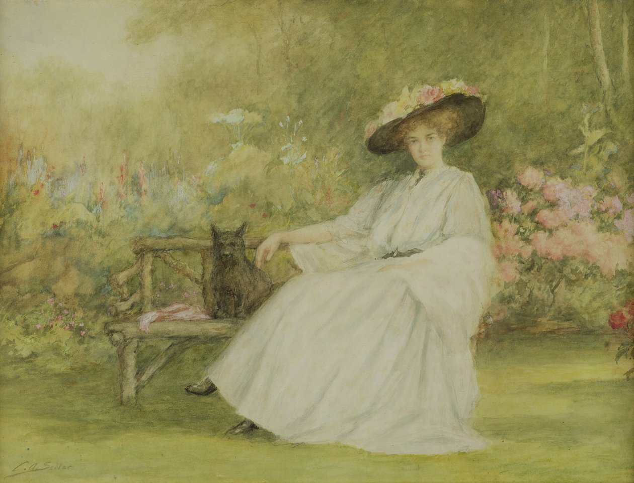 Lady and her Dog at Corsham Court, c.1914 by Charles A. Sellar