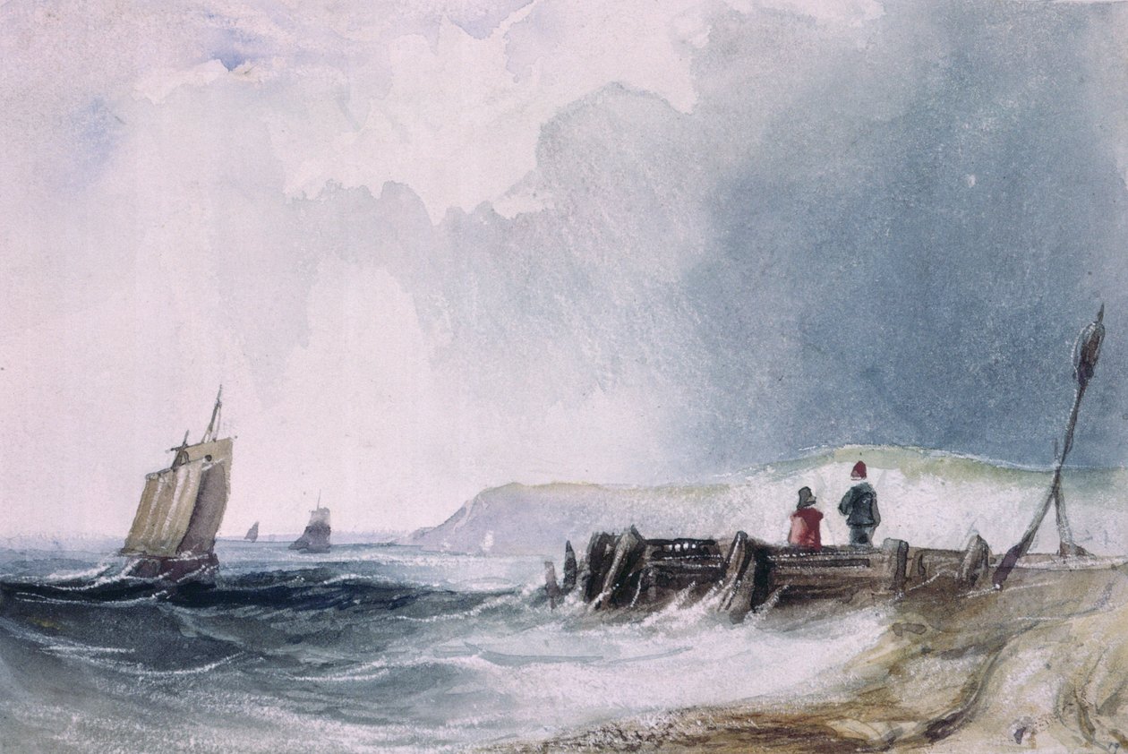 Coast Scene with Boats and Wooden Jetty by Charles Bentley
