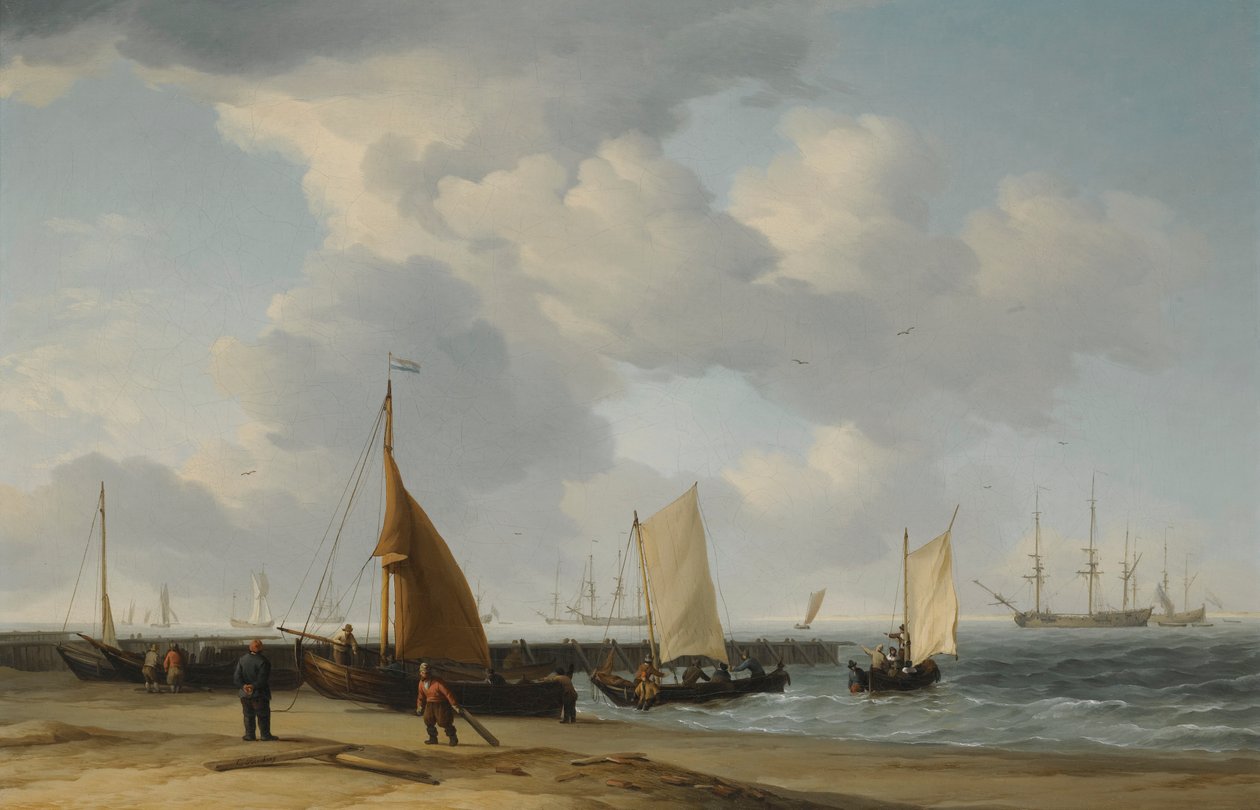 A Beach Scene with a Man-of-War in the Distance by Charles Brooking