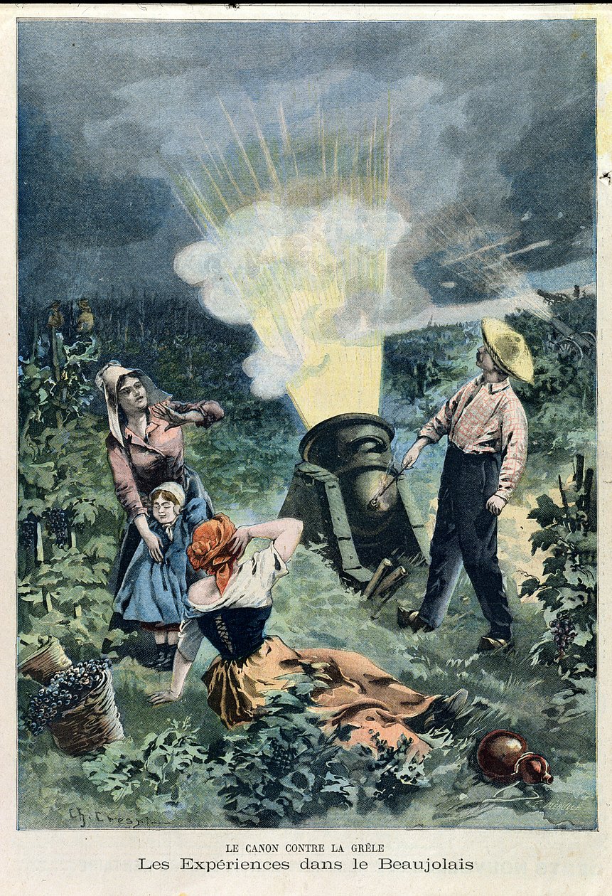 Experimenting with a cannon to prevent hail damaging vines, from Le Petit Journal, 23rd February 1900 by Charles Crespin