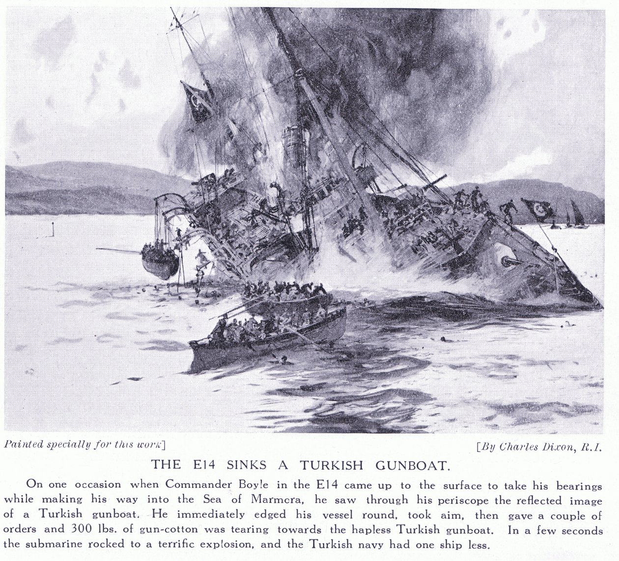 The E14 sinks a Turkish gunboat in Sea of Marmora 1915 by Charles Edward Dixon