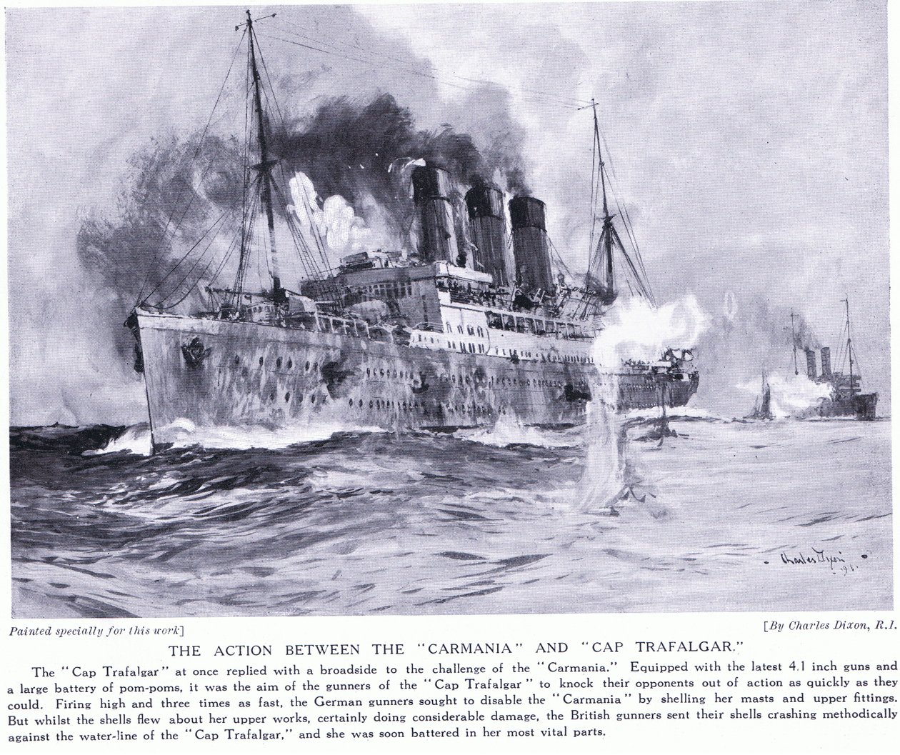 The Action Between the Carmania and the Cap Trafalgar September 1914 by Charles Edward Dixon