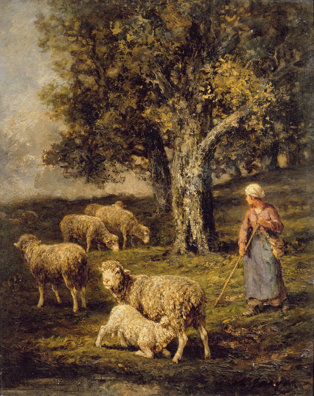 A Shepherdess and Sheep in a Barbizon Landscape by Charles Emile Jacque