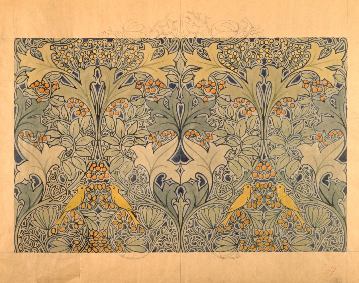 Textile Design with Birds, Berries and Foliage by Charles Francis Annesley Voysey