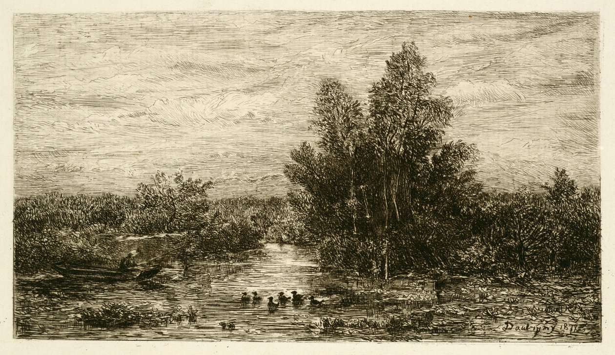 Fisherman on River with Ducks by Charles Francois Daubigny