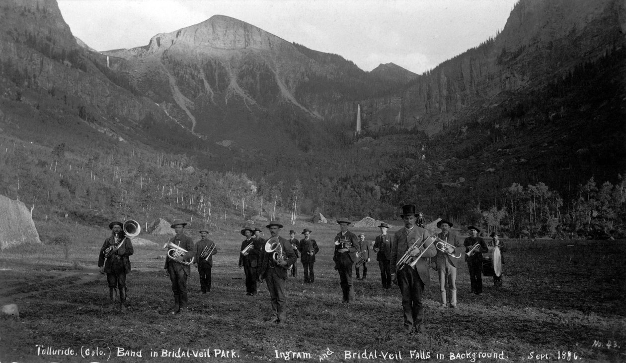 Telluride Band in Bridal Veil Park Ingram and Bridal Veil Falls, 1886 by Charles Goodman