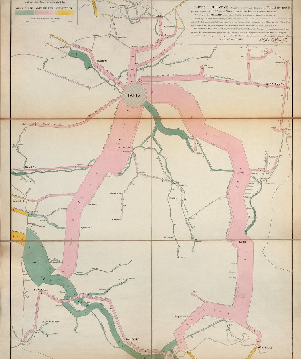 Map Representing the Approximate Tonnage of Wines and Spirits in Circulation in France by Water and by Railway by Charles Joseph Minard