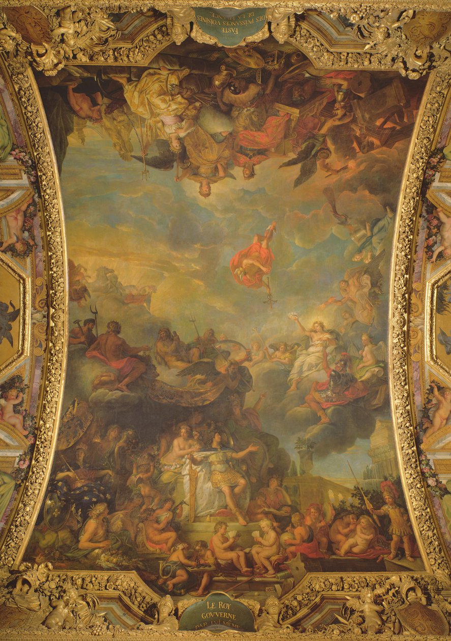 View of King Louis XIV Governing Alone in 1661 and The Prosperous Neighbouring Powers of France, Ceiling Painting from the Galerie des Glaces by Charles Le Brun