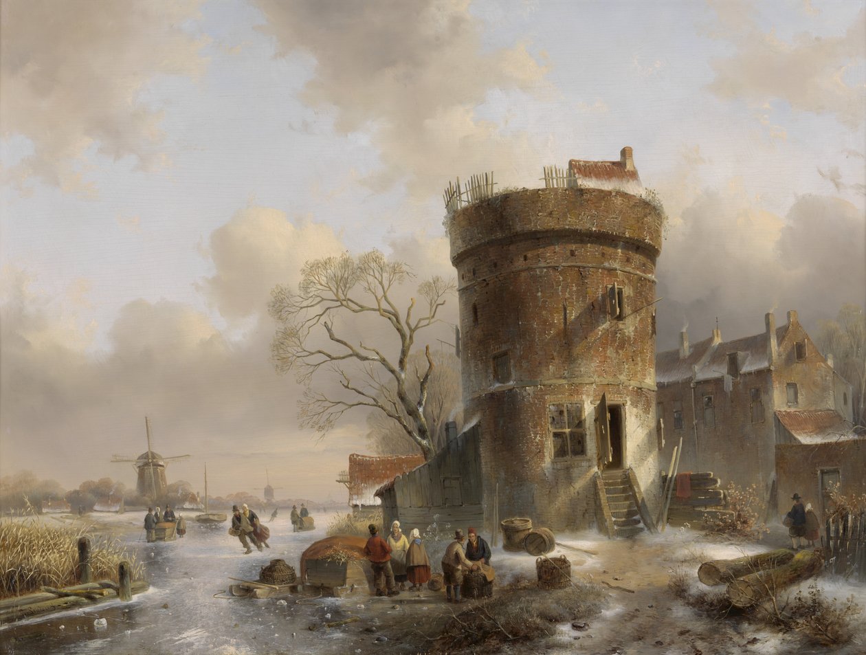 Winter Landscape with Figures on a Frozen River by a Tower by Charles Henri Joseph Leickert