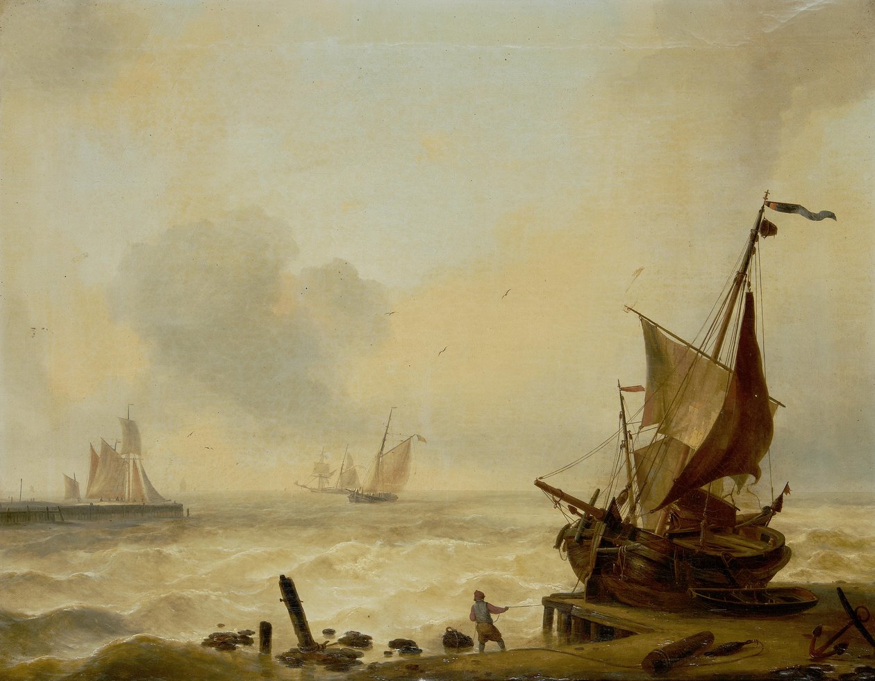 Small Boats Struggling in a Heavy Swell off the Harbour Mouth by Charles Louis Verboeckhoven