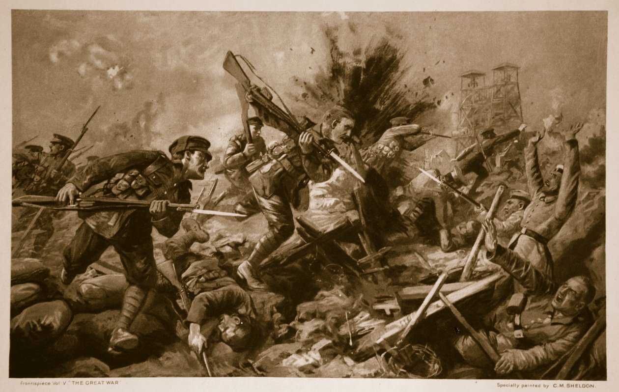 Charging Through the German Trenches at Loos, September 25th 1915, 1914-19 by Charles Mills Sheldon
