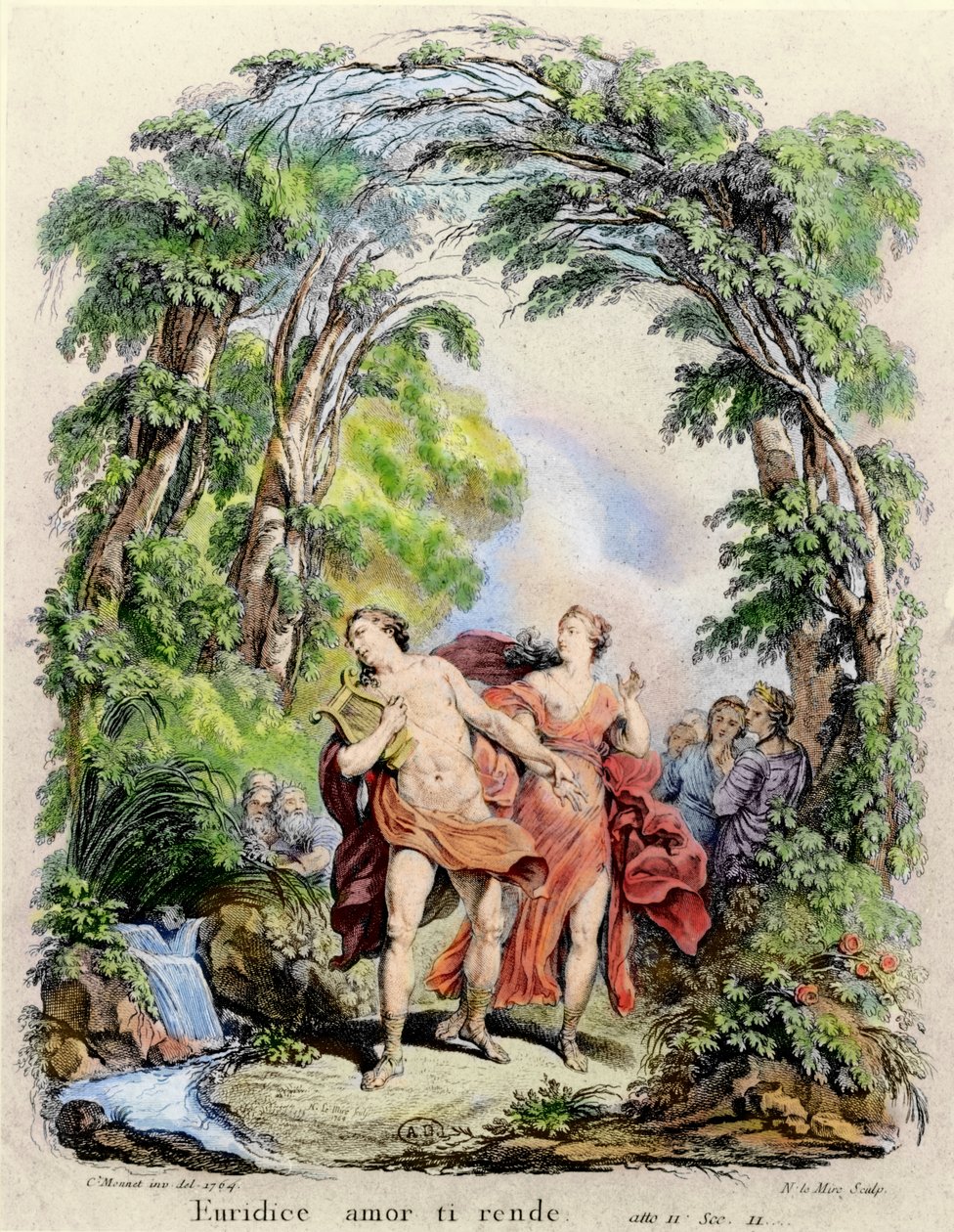 Orpheus leading Eurydice out of hell, illustration for the opera ...