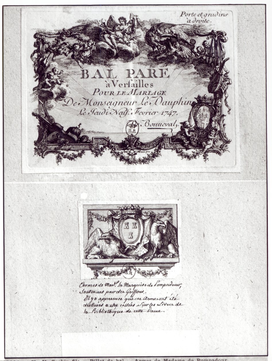 Entrance ticket for the ball in Versailles for the wedding of Monseigneur le Dauphin, 9th February 1747 and Ex Libris with arms of Madame de Pompadour by Charles Nicolas II Cochin