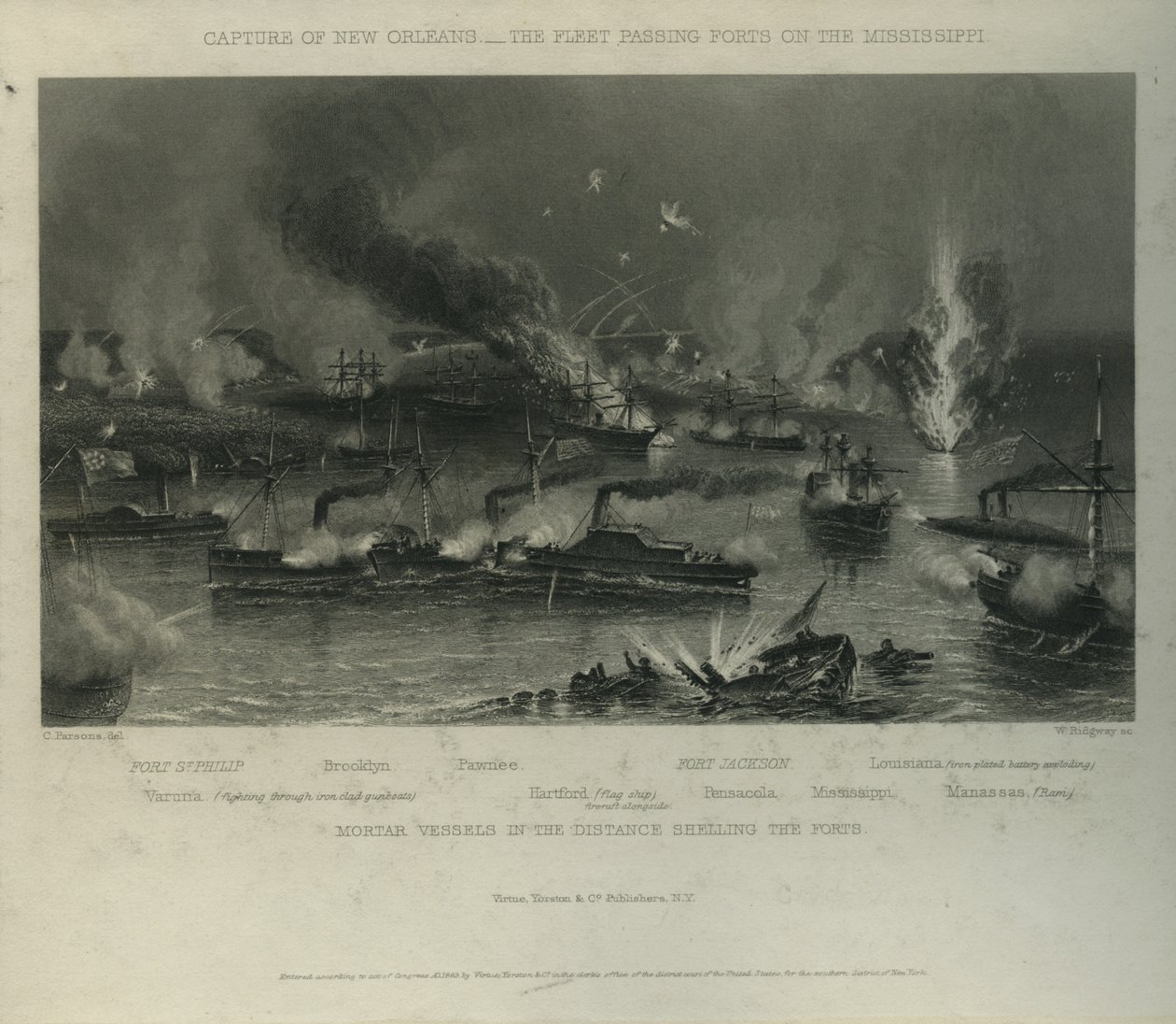 Capture of New Orleans: The Fleet Passing Forts on the Mississippi by Charles Parsons