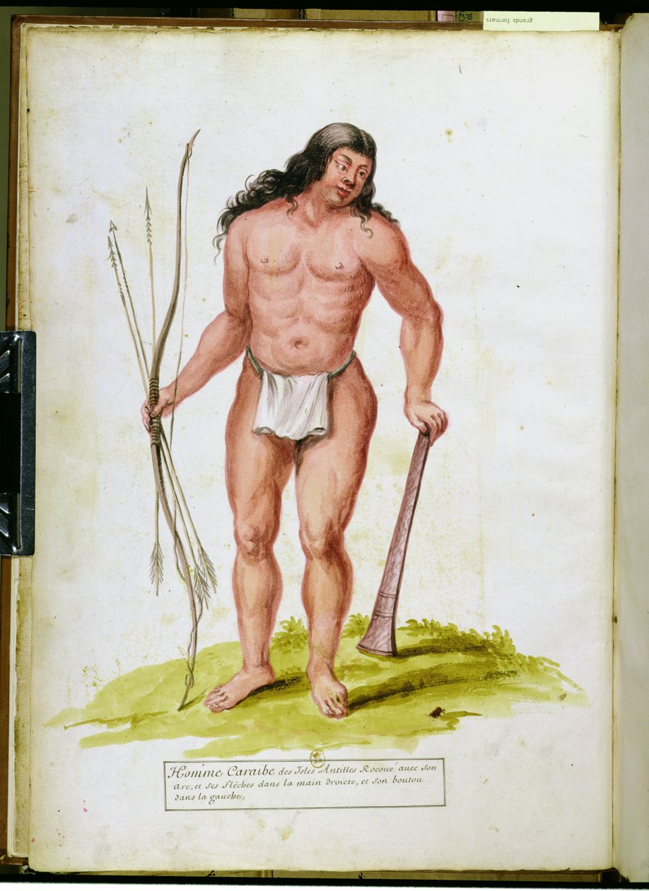 Native of the Caribbean with his weapons, from a manuscript on plants and civilization in the Antilles, c.1686 by Charles Plumier