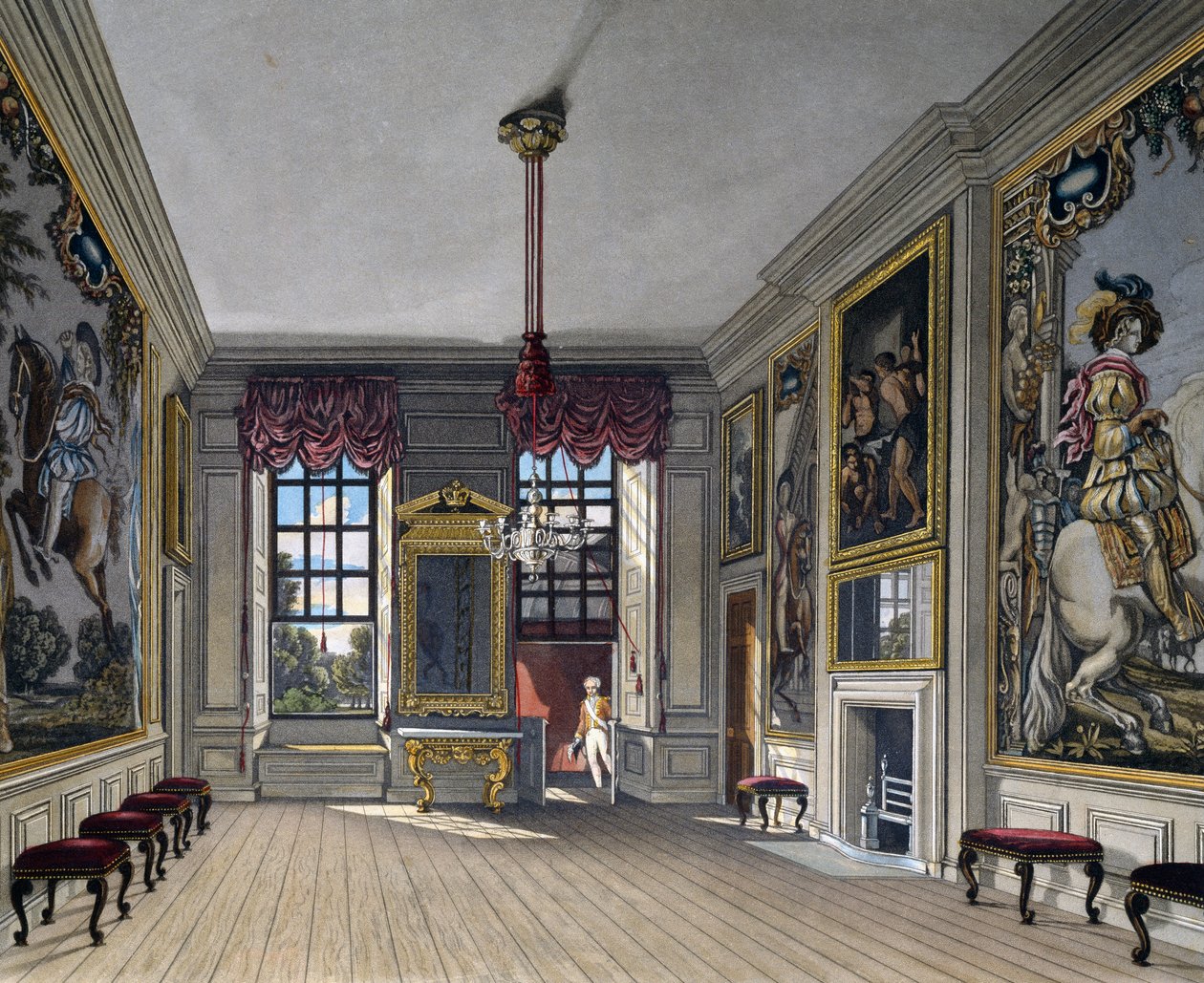 Audience Hall of Queen, Engraving by William James Bennett, From The History of the Royal Residences by Charles (after) Wild