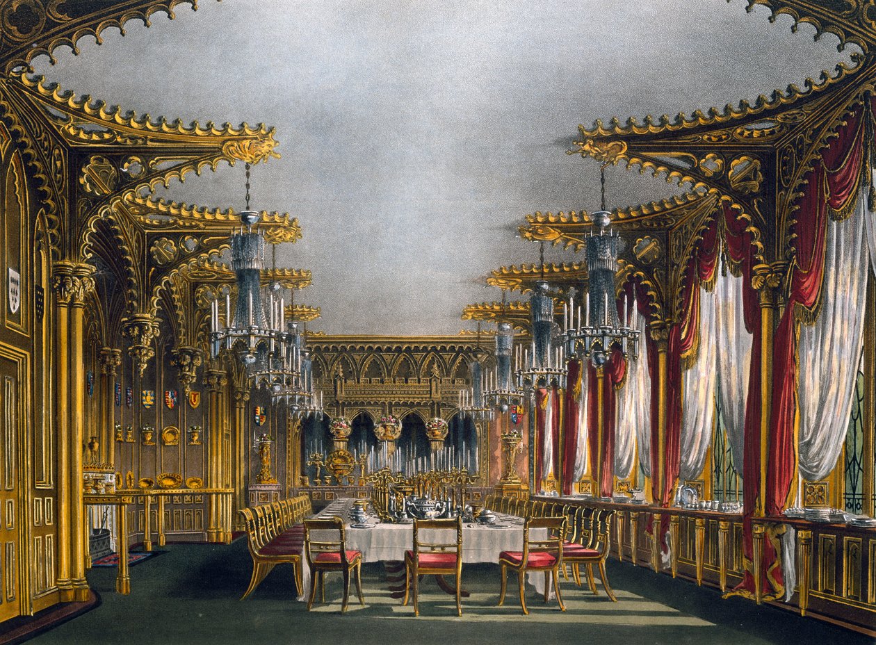 Gothic dining room, Engraving from The History of the Royal Residences by Charles (after) Wild