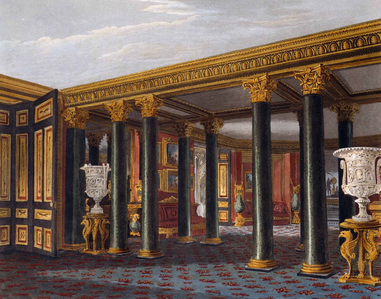 Lower vestibule, Engraving by Richard Reeve, Based on design by Charles Wild, From The History of the Royal Residences by Charles (after) Wild