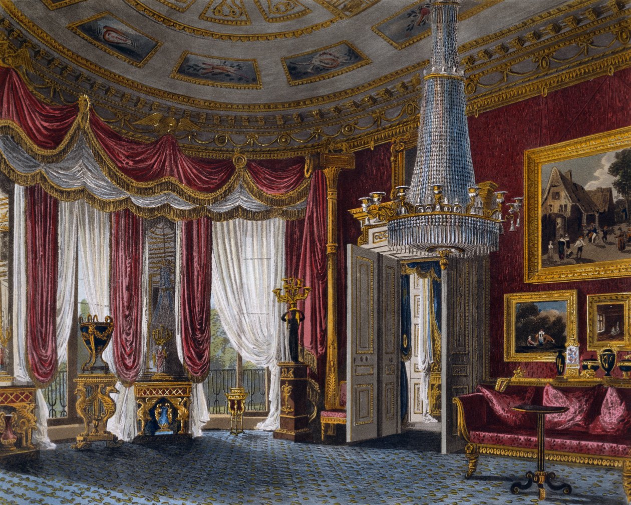 Pink satin drawing room, Engraving by Richard Reeve, Based on design by Charles Wild, From The History of the Royal Residences by Charles (after) Wild