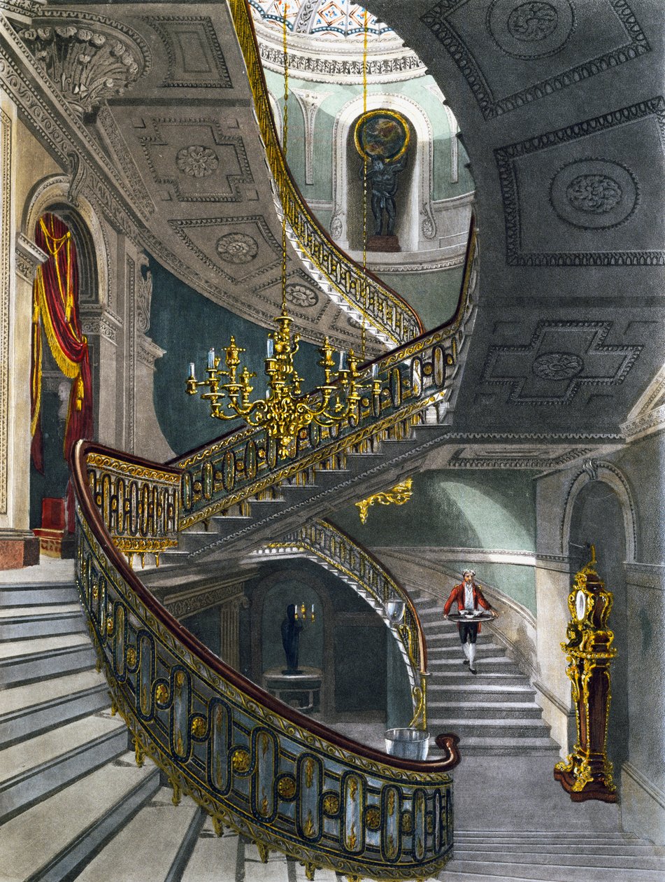 Staircase, Engraving by Richard Reeve after drawing by Charles Wild, From The History of the Royal Residences by Charles (after) Wild