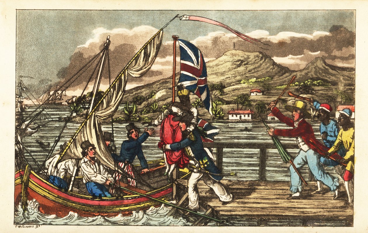 English Navy officer kidnapping an enslaved woman on Barbados Pier, pursued by her owner husband and plantation workers by Charles (c.1797 1850) (after) Williams