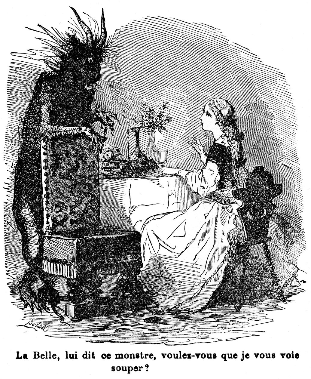 Illustration for the tale of Mrs. Jeanne Marie Leprince de Beaumont “Beauty and the Beast”, 19th century by Charles Albert dArnoux Bertall