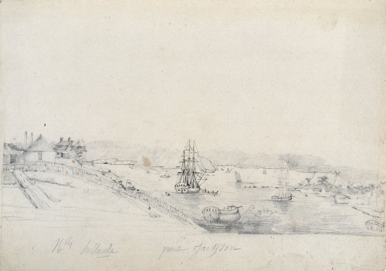 On the right, the camp of the French of the Baudin expedition to Bennelong point, left, Sydney, home of Nicolas Bayley- pencil and ink by Charles Alexandre Lesueur by Charles Alexandre Lesueur