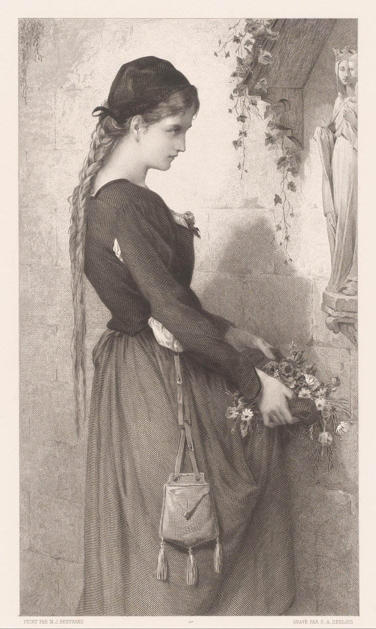 Young Woman Bringing Flowers to a Niche with a Statue of Mary by Charles Alphonse Deblois