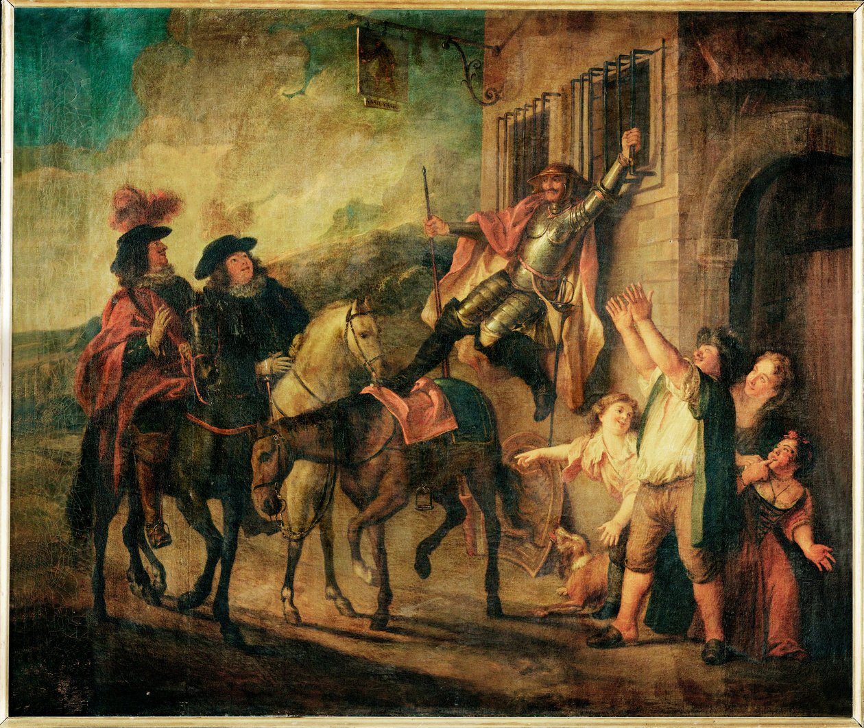 Don Quixote, through the malice of Maritorne, is strapped to a window by Charles Antoine Coypel