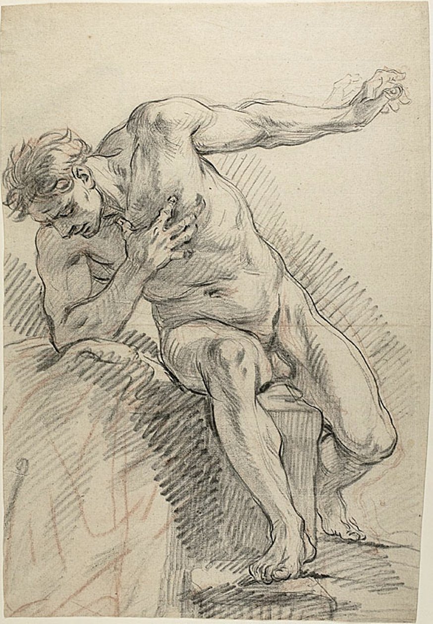 Sketch of a Male Nude Leaning on Right Elbow (recto) by Charles Antoine Coypel