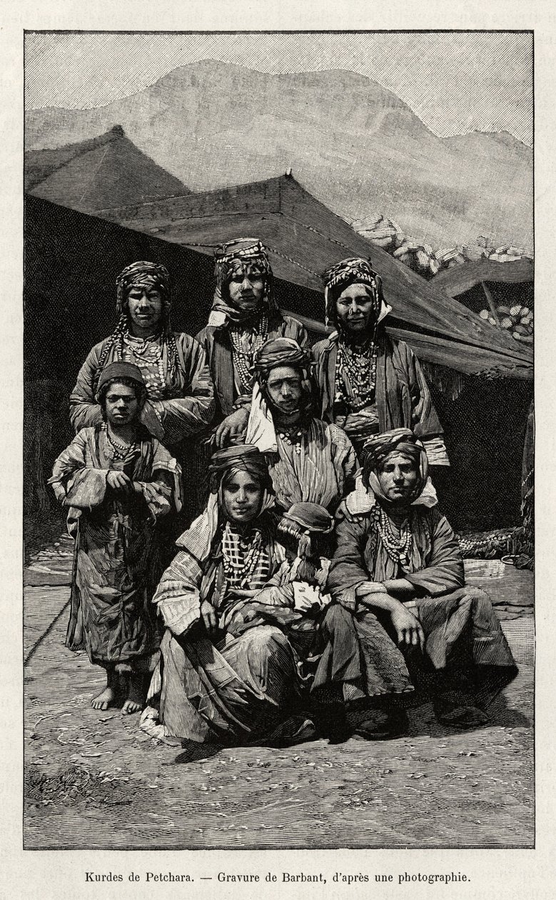 Kurds of Petchara (Turkey). Engraving by Barbant to illustrate the story “Across Russian Armenia, Karabagh, Valley of the Araxe, Massif of Ararat” by Madame B.Chantre, in Le tour du Monde 1892, directed by Edouard Charton, Hachette, Paris by Charles Barbant