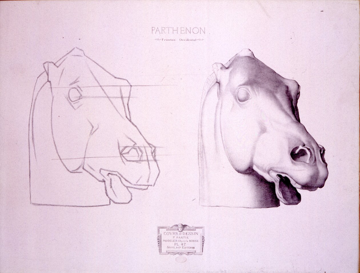 Horse Head from the West Pediment of the Parthenon, Plate 47 from Cours de Dessin by Charles Bargue