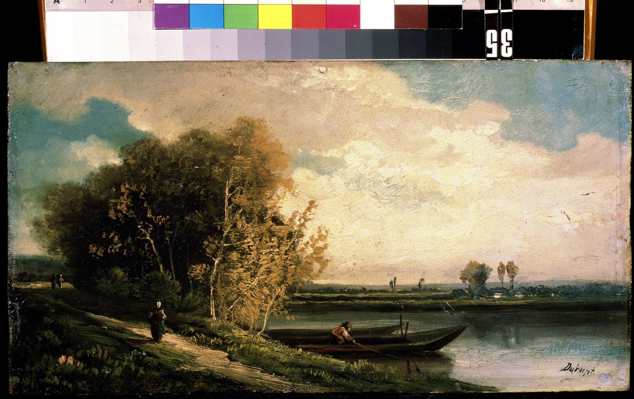 The Coast. Riverbank Landscape with a Fisherman and a Peasant Woman by Charles Barthelemy Durupt